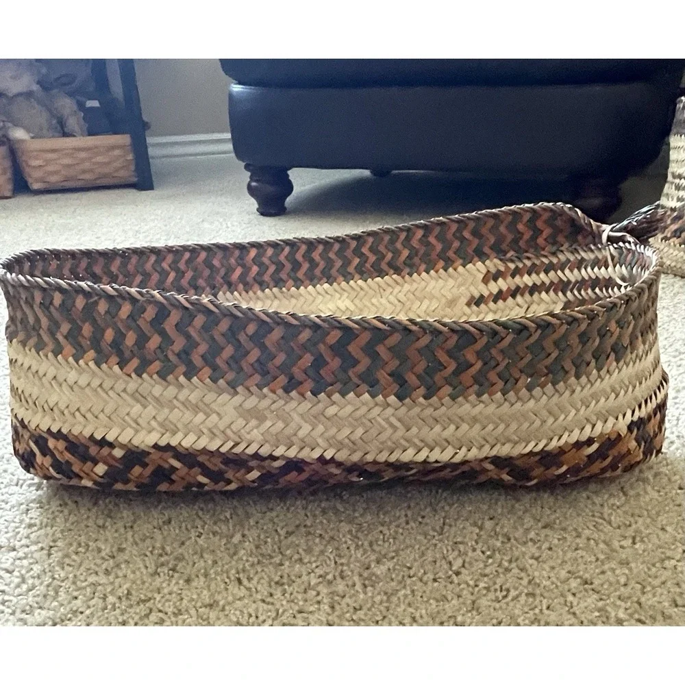 Boho Woven Baskets 2 Large Orange Purple Green Striped Open Storage Vtg Rattan
